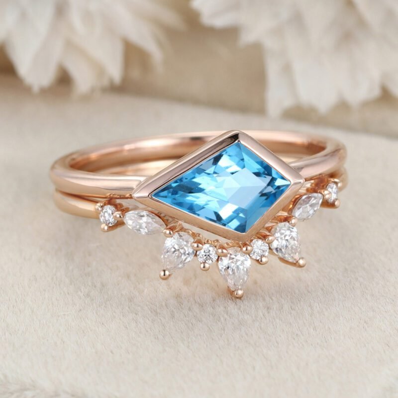 Bezel Set Kite Cut Topaz Solitaire Ring East West Bezel Engagement Ring Set 14K Rose Gold Diamond Art Deco Twisted Ring Gift