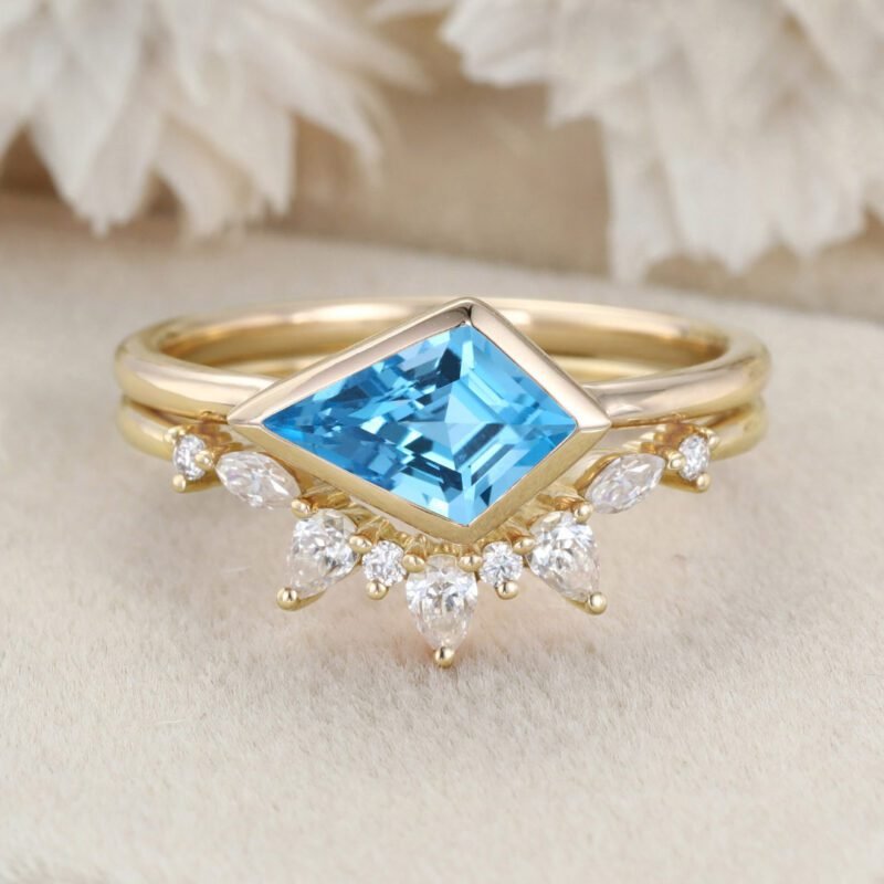 Bezel Set Kite Cut Topaz Solitaire Ring East West Bezel Engagement Ring Set 14K Rose Gold Diamond Art Deco Twisted Ring Gift