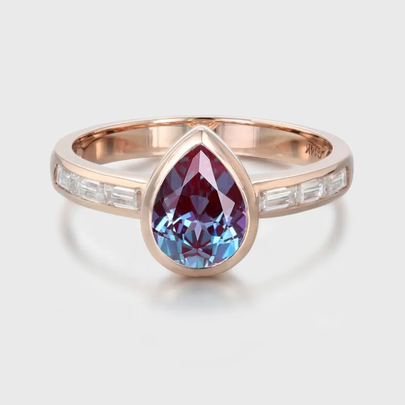 Bezel Set Lab Alexandrite Ring 8x6mm Pear Shaped Alexandrite Engagement Ring 14K Rose Gold Wedding Ring