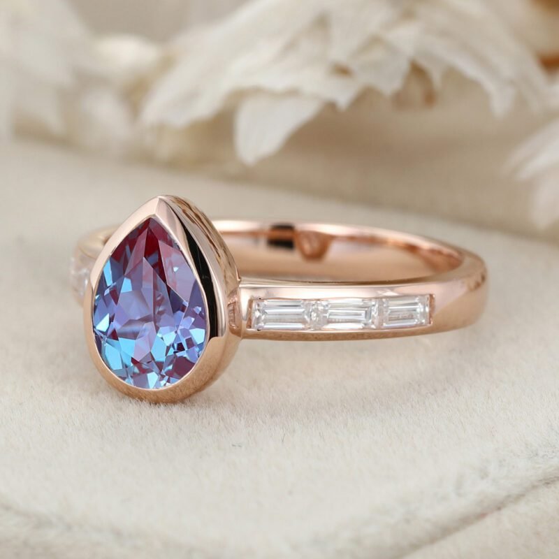 Bezel Set Lab Alexandrite Ring 8x6mm Pear Shaped Alexandrite Engagement Ring 14K Rose Gold Wedding Ring