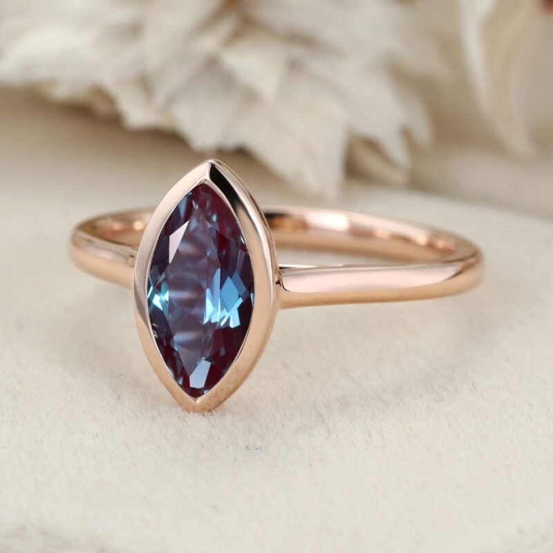 Bezel Set Marquise Ring 1.0ct Lab Alexandrte Ring Solitaire Ring 14K Rose Gold Bezel Set Engagement Ring Promise Anniversary Gift