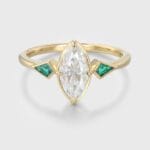 Three Stone 1 Carat Marquise Cut Moissanite and Emerald Bezel Set Engagement Ring In 14K Solid Gold