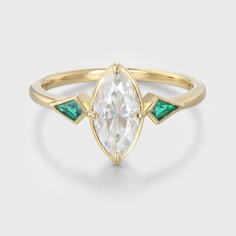 Bezel Set Moissanite Engagement Ring Marquise Cut Moissanite Engagement Ring 14K Solid Gold Lab Emerald Side Stone Ring Wedding Ring