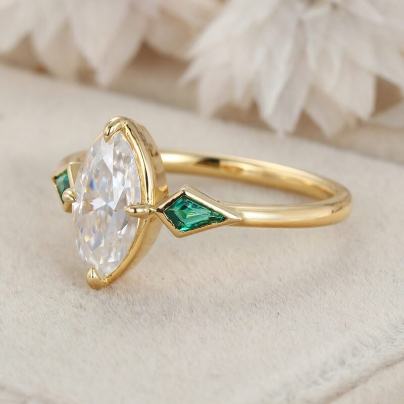 Bezel Set Moissanite Engagement Ring Marquise Cut Moissanite Engagement Ring 14K Solid Gold Lab Emerald Side Stone Ring Wedding Ring