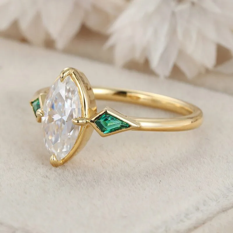 Bezel Set Moissanite Engagement Ring Marquise Cut Moissanite Engagement Ring 14K Solid Gold Lab Emerald Side Stone Ring Wedding Ring