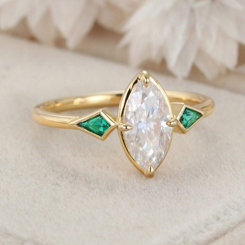 Bezel Set Moissanite Engagement Ring Marquise Cut Moissanite Engagement Ring 14K Solid Gold Lab Emerald Side Stone Ring Wedding Ring