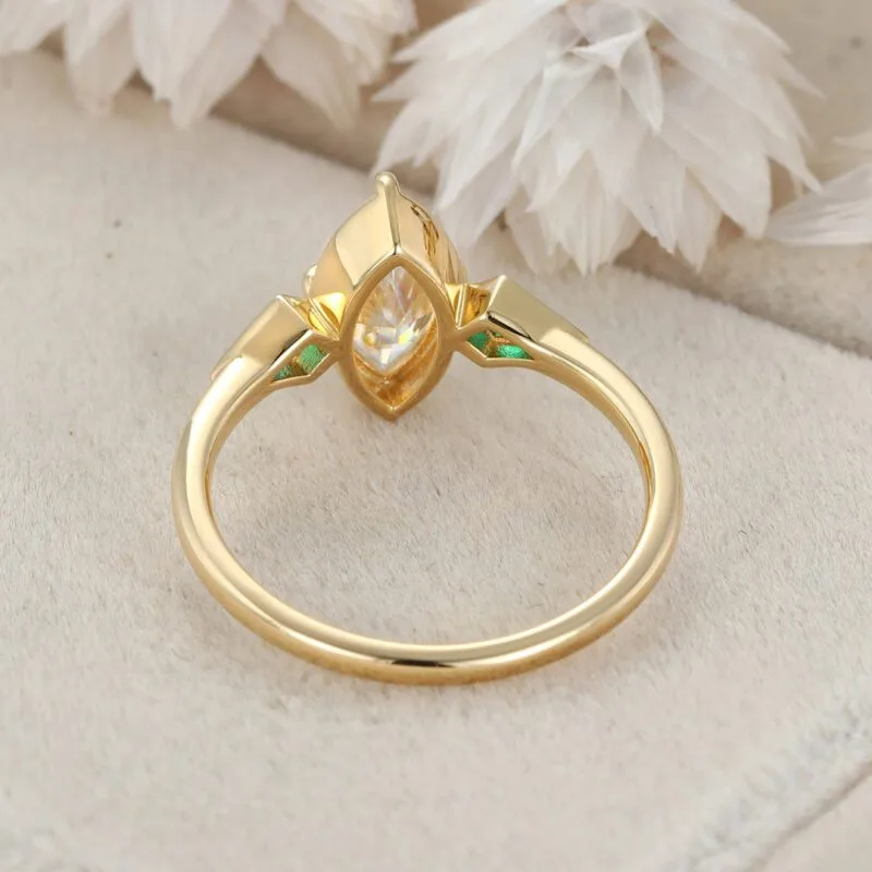 Bezel Set Moissanite Engagement Ring Marquise Cut Moissanite Engagement Ring 14K Solid Gold Lab Emerald Side Stone Ring Wedding Ring