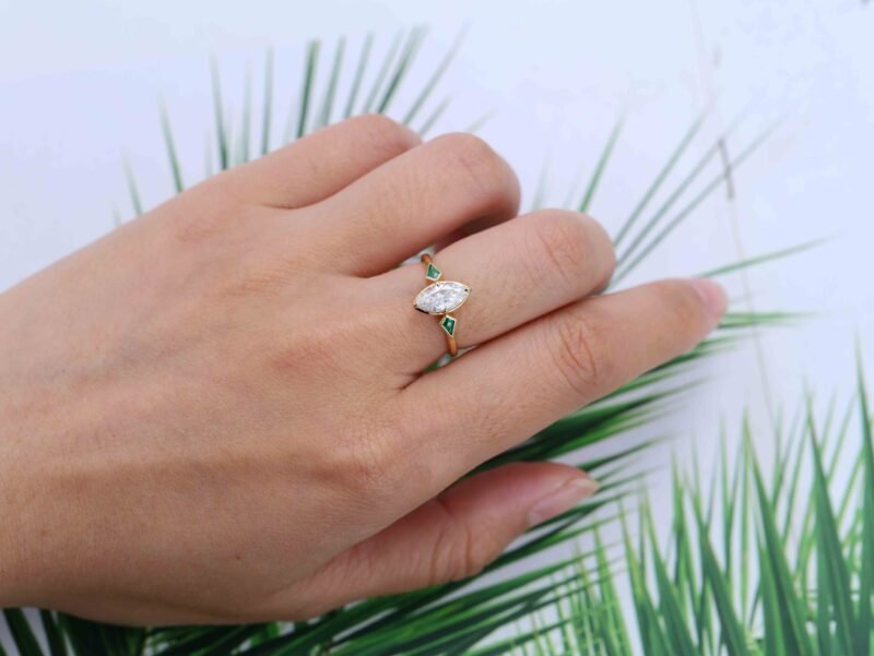 Bezel Set Moissanite Engagement Ring Marquise Cut Moissanite Engagement Ring 14K Solid Gold Lab Emerald Side Stone Ring Wedding Ring