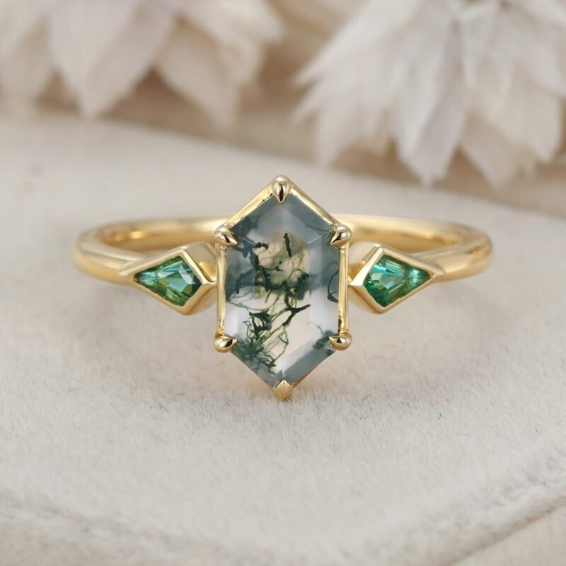 Bezel Set Moss Agate Engagement Ring 14K Solid Gold Hexagon Cut Engagement Ring Lab Emerald Side Stone Ring Delicate Wedding Ring
