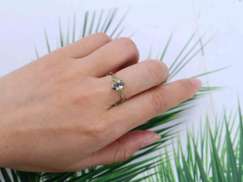 Bezel Set Moss Agate Engagement Ring 14K Solid Gold Hexagon Cut Engagement Ring Lab Emerald Side Stone Ring Delicate Wedding Ring