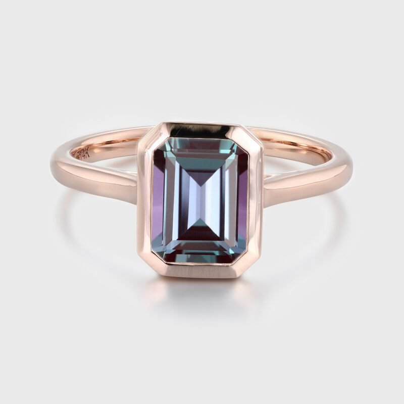 Emerald Cut Bezel Setting Alexandrite Ring Rose Gold June Birthstone Anniversary Gift For Women