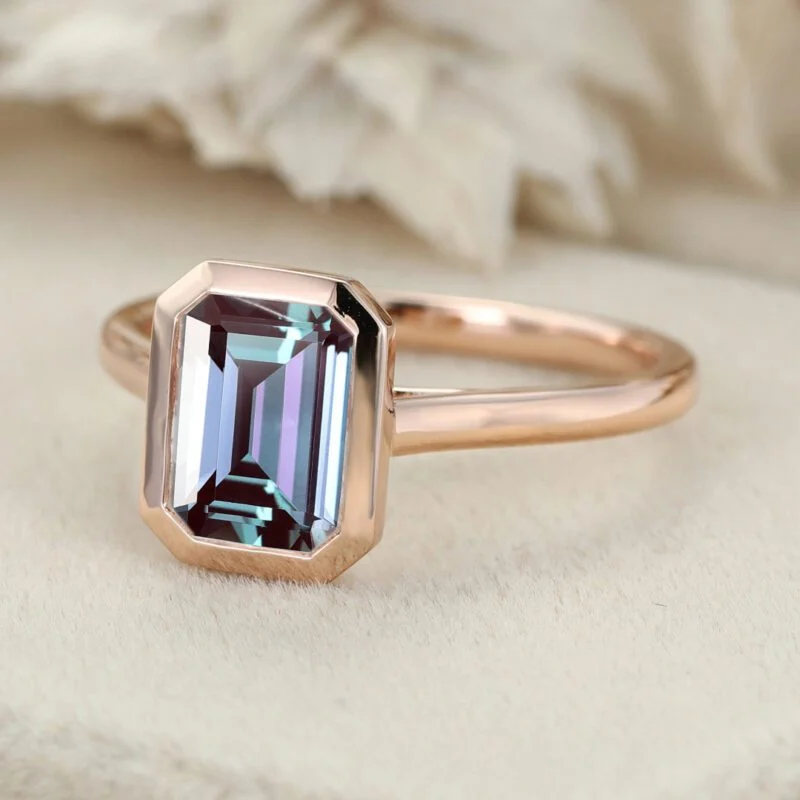 Bezel Setting Alexandrite Ring Rose Gold Engagement Ring Emerald Cut Alexandrite Promise Ring June Birthstone Anniversary Gift For Women