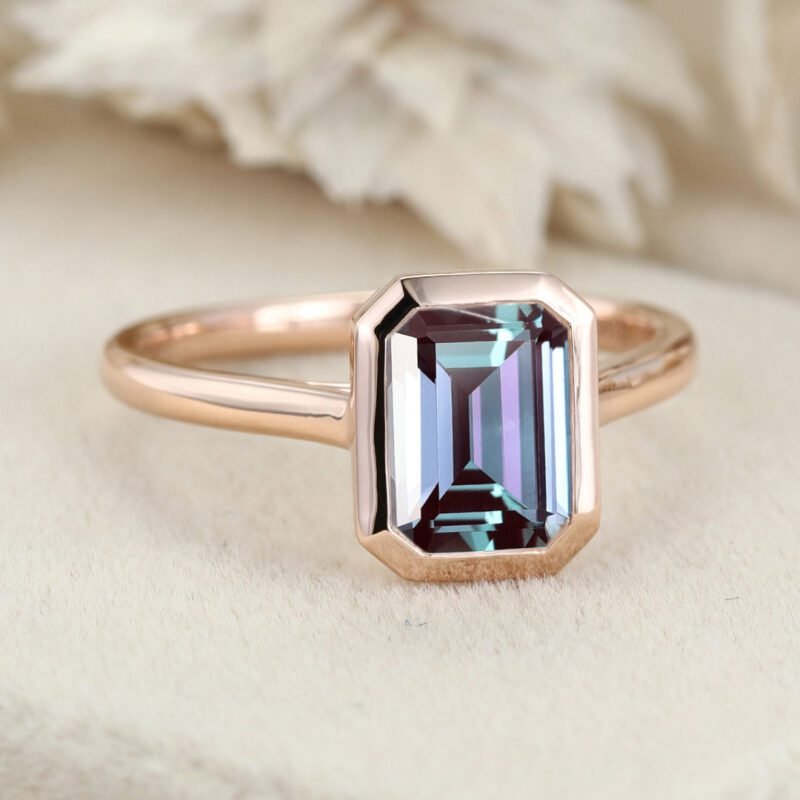 Bezel Setting Alexandrite Ring Rose Gold Engagement Ring Emerald Cut Alexandrite Promise Ring June Birthstone Anniversary Gift For Women