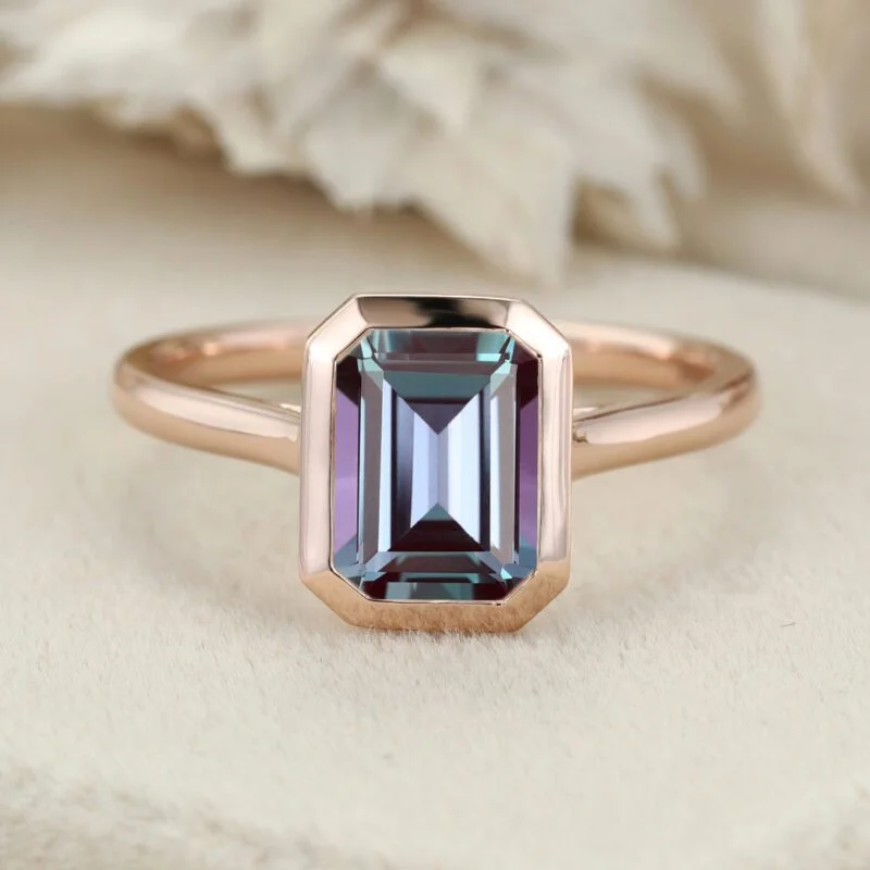 Bezel Setting Alexandrite Ring Rose Gold Engagement Ring Emerald Cut Alexandrite Promise Ring June Birthstone Anniversary Gift For Women