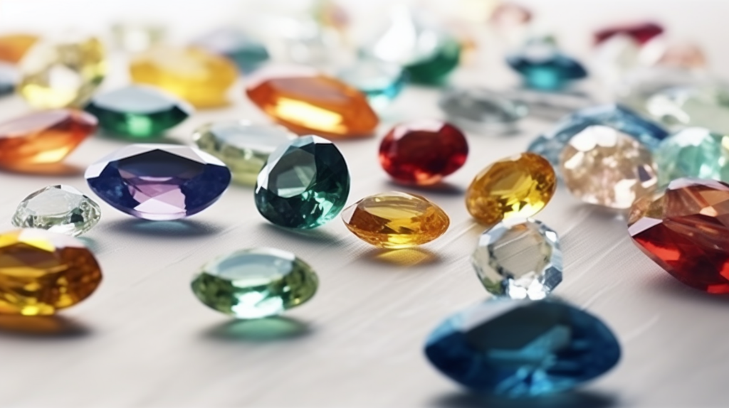 Birthstones scattered on a white tabletop