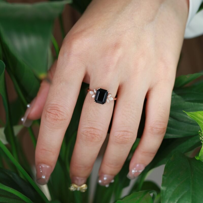 Black Onyx Engagement Ring 7X9mm Emerald Cut Rose Gold Engagement Ring Cluster Ring Moissanite Marquise Bridal Ring Promise Ring Anniversary