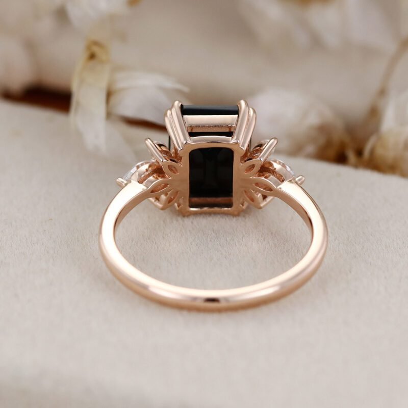 Black Onyx Engagement Ring 7X9mm Emerald Cut Rose Gold Engagement Ring Cluster Ring Moissanite Marquise Bridal Ring Promise Ring Anniversary