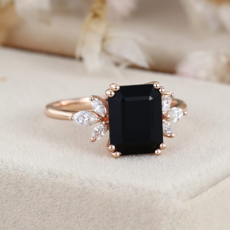 Black Onyx Engagement Ring 7X9mm Emerald Cut Rose Gold Engagement Ring Cluster Ring Moissanite Marquise Bridal Ring Promise Ring Anniversary