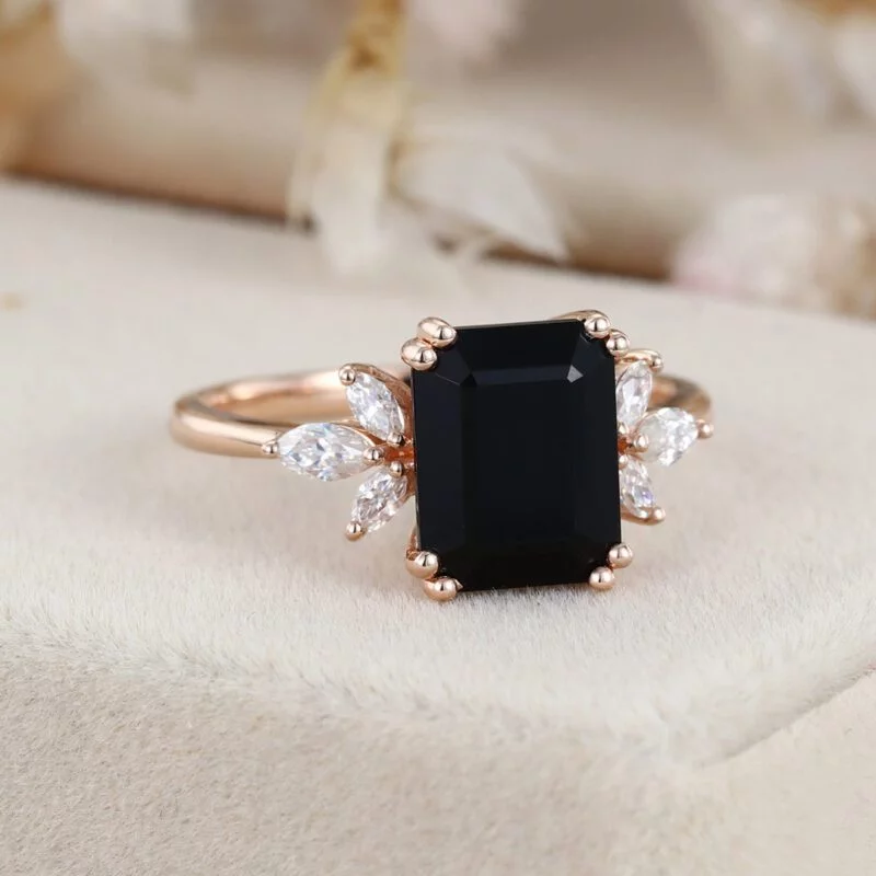 Black Onyx Engagement Ring 7X9mm Emerald Cut Rose Gold Engagement Ring Cluster Ring Moissanite Marquise Bridal Ring Promise Ring Anniversary
