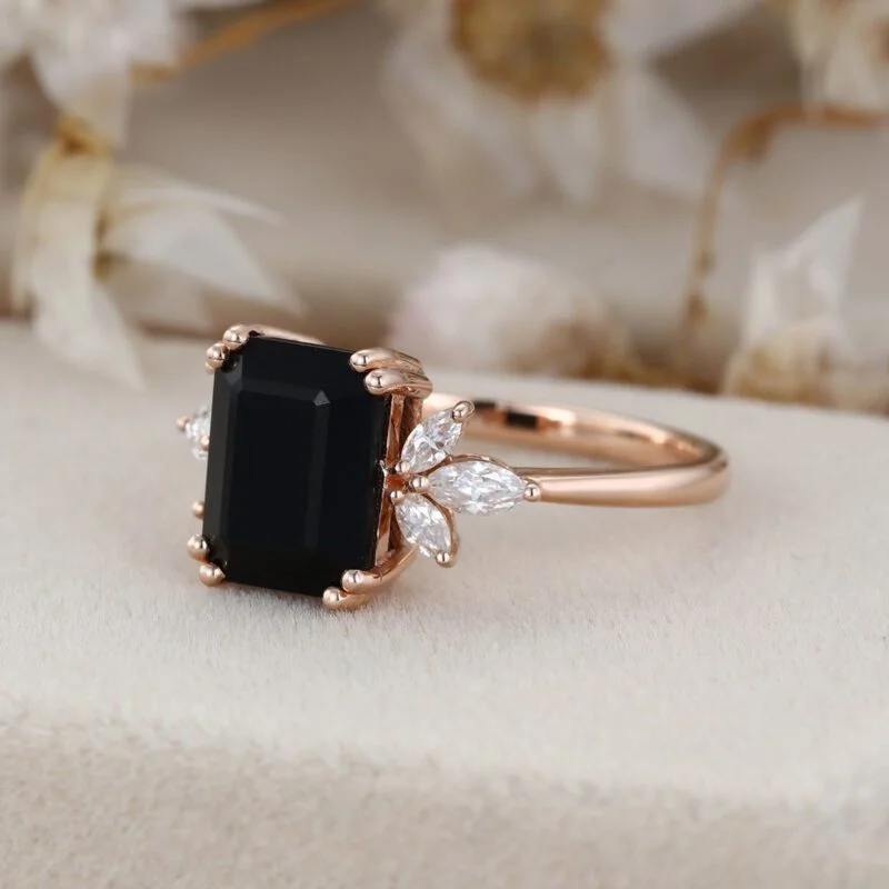 Black Onyx Engagement Ring 7X9mm Emerald Cut Rose Gold Engagement Ring Cluster Ring Moissanite Marquise Bridal Ring Promise Ring Anniversary
