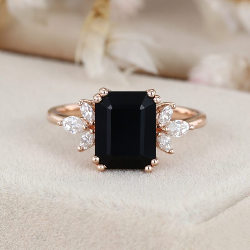 Black Onyx Engagement Ring 7X9mm Emerald Cut Rose Gold Engagement Ring Cluster Ring Moissanite Marquise Bridal Ring Promise Ring Anniversary