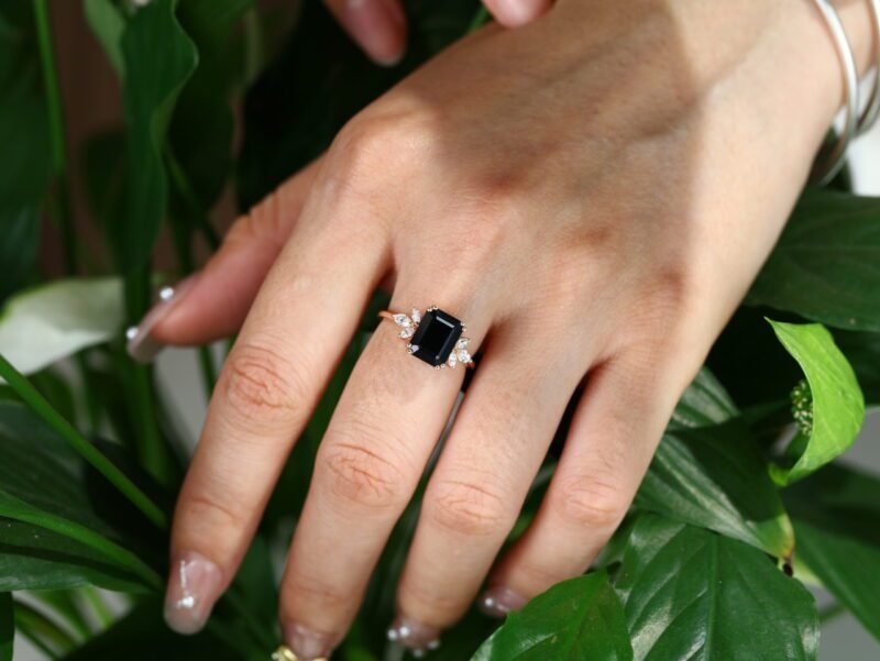 Black Onyx Engagement Ring 7X9mm Emerald Cut Rose Gold Engagement Ring Cluster Ring Moissanite Marquise Bridal Ring Promise Ring Anniversary