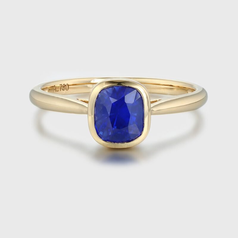 14K Yellow Gold Cushion Cut Blue Sapphire Bezel Ring for Women