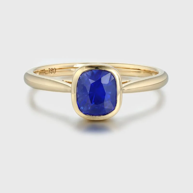 14K Yellow Gold Cushion Cut Blue Sapphire Bezel Ring for Women