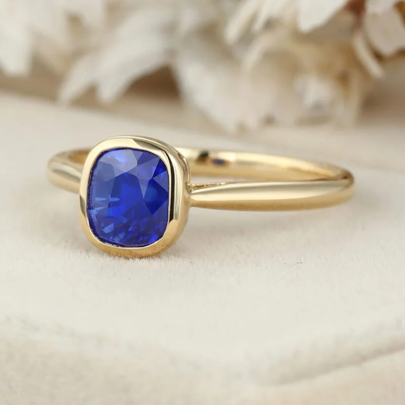 Blue Sapphire Engagement Ring 14K Yellow Gold Engagement ring Cushion Cut Blue Sapphire Wedding Ring Promise Anniversary gift for Women