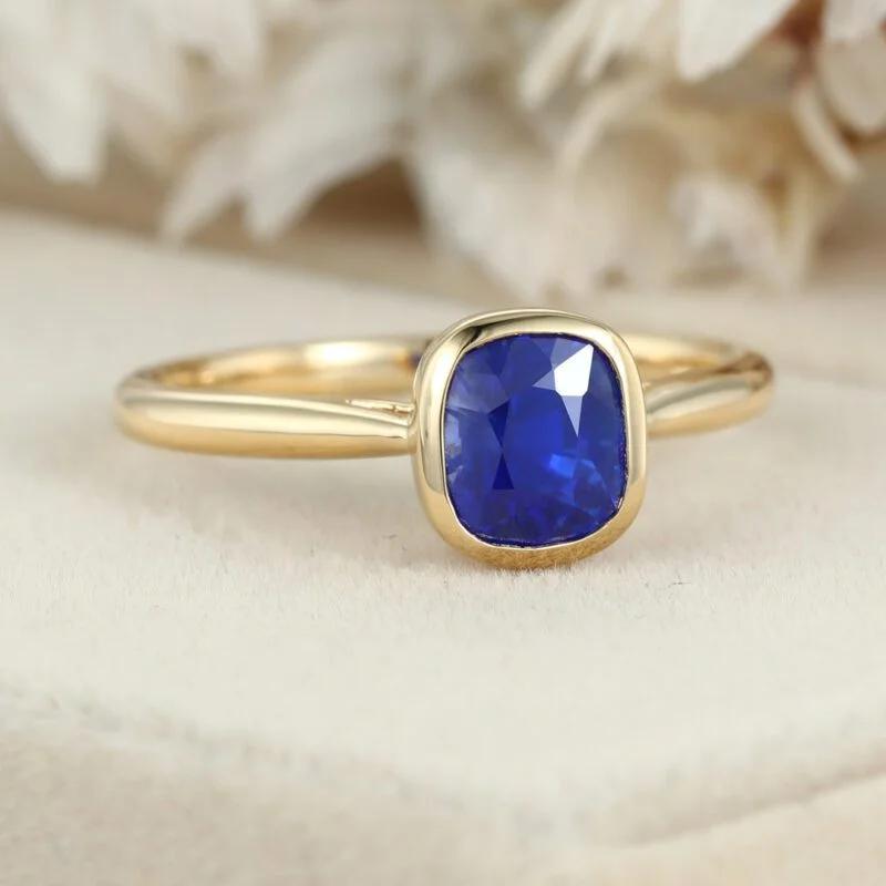 Blue Sapphire Engagement Ring 14K Yellow Gold Engagement ring Cushion Cut Blue Sapphire Wedding Ring Promise Anniversary gift for Women