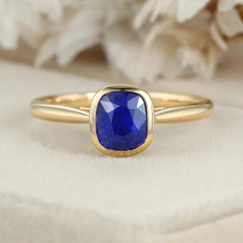 Blue Sapphire Engagement Ring 14K Yellow Gold Engagement ring Cushion Cut Blue Sapphire Wedding Ring Promise Anniversary gift for Women