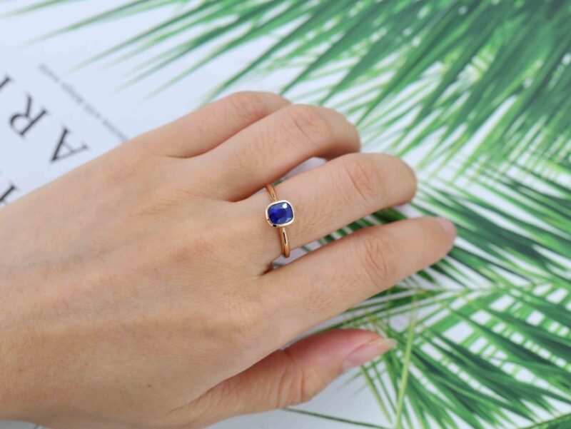 Blue Sapphire Engagement Ring 14K Yellow Gold Engagement ring Cushion Cut Blue Sapphire Wedding Ring Promise Anniversary gift for Women