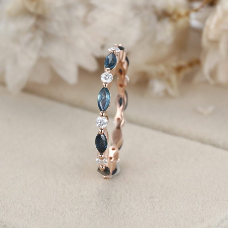 Blue green sapphire Marquise Wedding Band Women Unique Moissanite Wedding Band 14K Rose Gold Ring Stacking Matching Ring Anniversary Gift