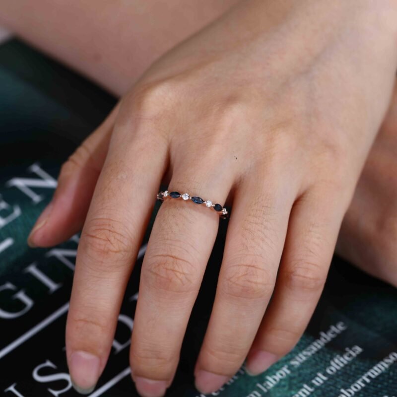 Blue green sapphire Marquise Wedding Band Women Unique Moissanite Wedding Band 14K Rose Gold Ring Stacking Matching Ring Anniversary Gift