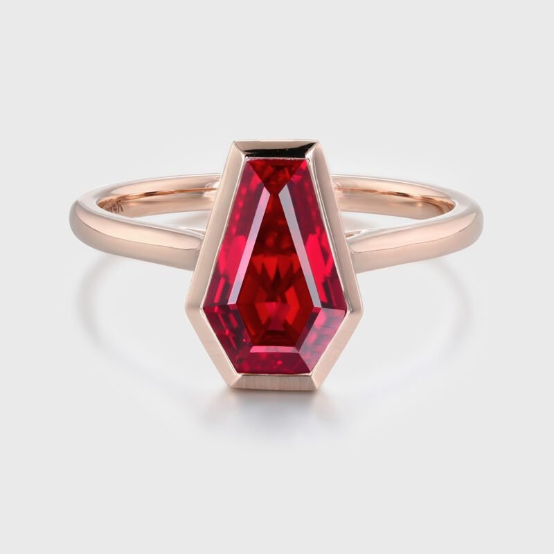 Coffin Cut Bezel Solitaire Lab Ruby Ring Vintage 14K Rose Gold Engagement Ring July birthstone ring Bridal Wedding Anniversary Gift