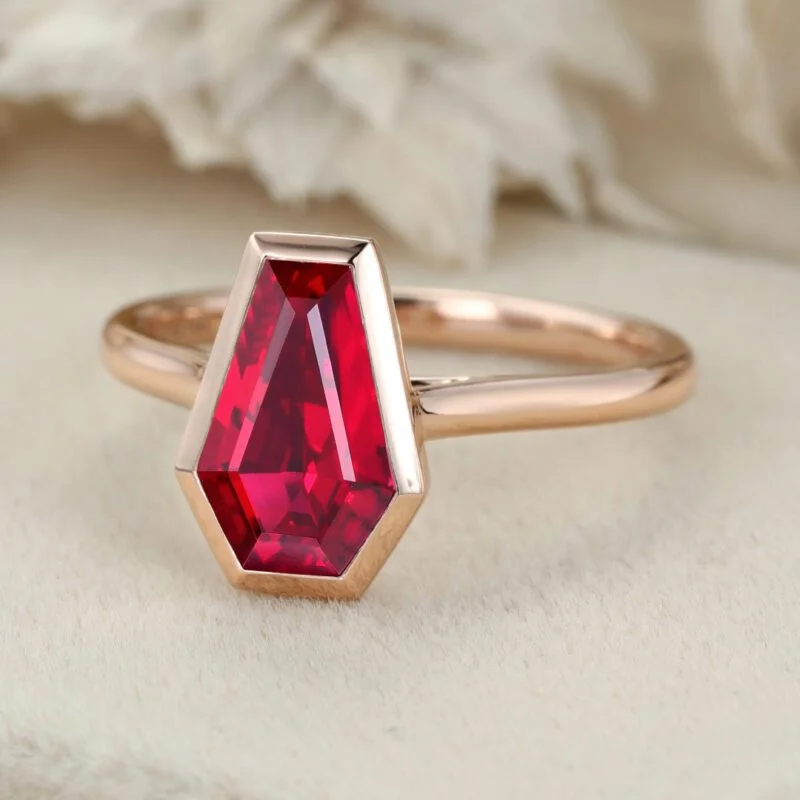 Coffin Cut Bezel Solitaire Lab Ruby Ring Vintage 14K Rose Gold Engagement Ring July birthstone ring Bridal Wedding Anniversary Gift