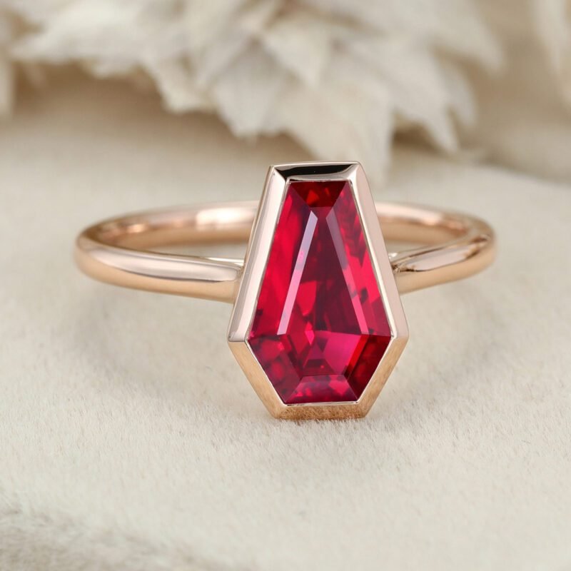 Coffin Cut Bezel Solitaire Lab Ruby Ring Vintage 14K Rose Gold Engagement Ring July birthstone ring Bridal Wedding Anniversary Gift