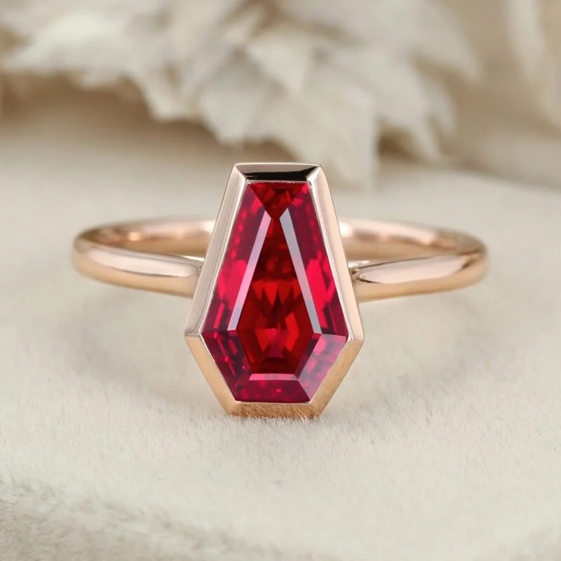 Coffin Cut Bezel Solitaire Lab Ruby Ring Vintage 14K Rose Gold Engagement Ring July birthstone ring Bridal Wedding Anniversary Gift