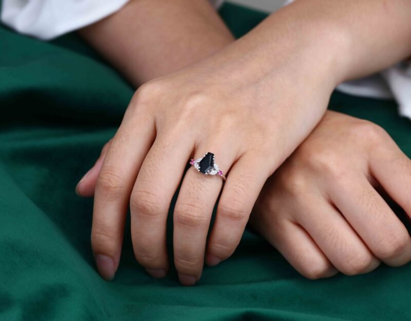 Coffin cut Black onyx engagement ring women unique moissanite ring Vintage white gold Lab Ruby ring bridal wedding anniversary Gift