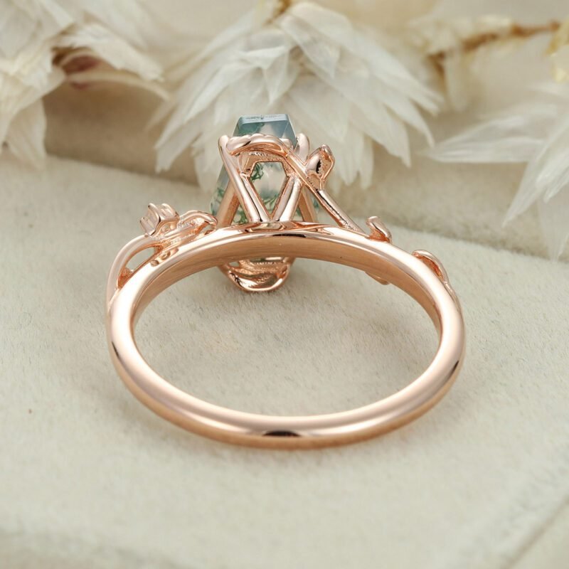 Coffin cut Natural Moss Agate engagement ring Unique Vintage Rose gold engagement ring Moonstone wedding ring Anniversary gift for her