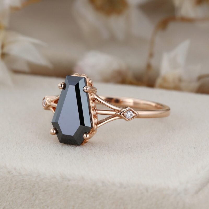 Coffin shaped Black Onyx engagement ring Vintage Rose gold engagement ring Unique diamond engagement ring wedding Anniversary Promise gift