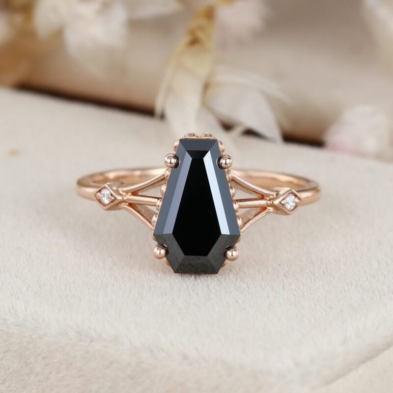 Coffin shaped Black Onyx engagement ring Vintage Rose gold engagement ring Unique diamond engagement ring wedding Anniversary Promise gift