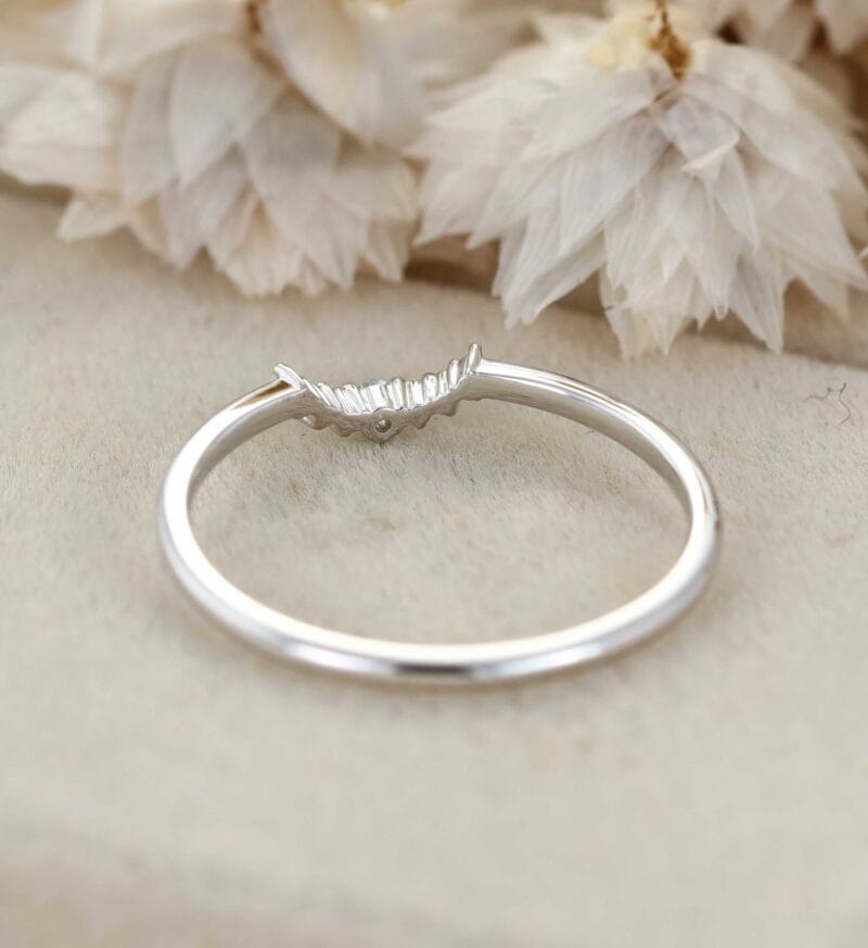 Curved Wedding Band 14K White Gold Unique Simple Diamond Wedding Band Women Stacking Ring Handmade Matching Band Custom Promise Gift For Her