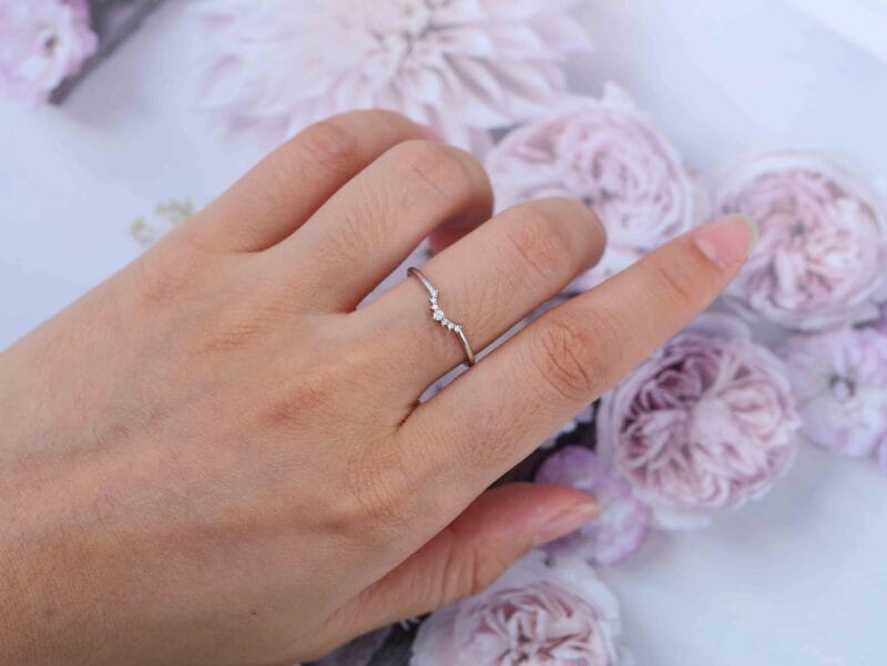 Curved Wedding Band 14K White Gold Unique Simple Diamond Wedding Band Women Stacking Ring Handmade Matching Band Custom Promise Gift For Her