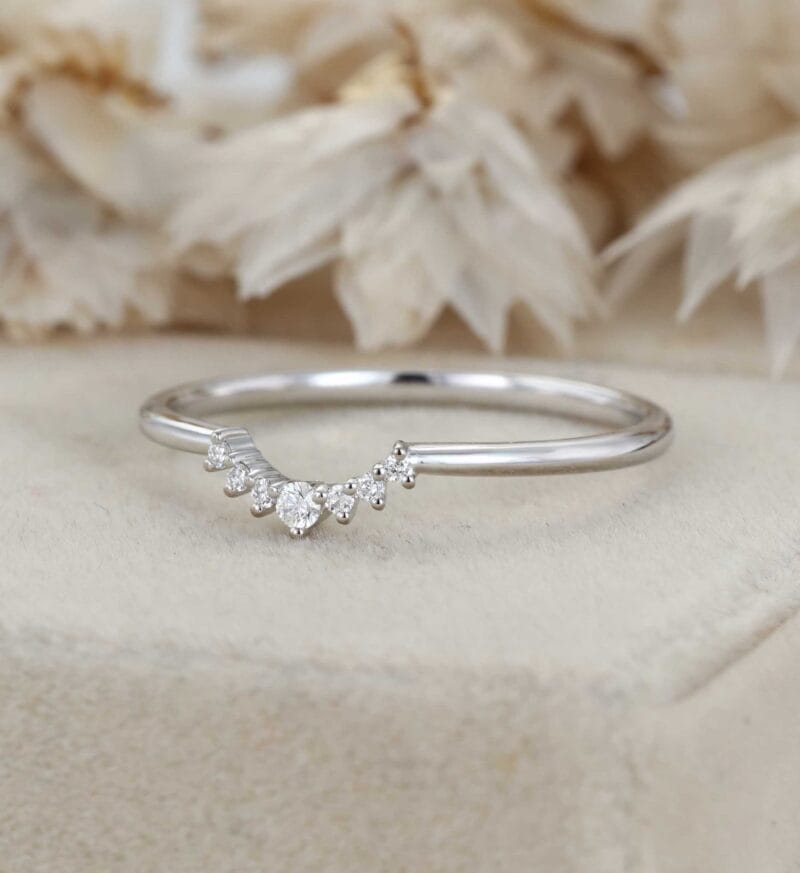 Curved Wedding Band 14K White Gold Unique Simple Diamond Wedding Band Women Stacking Ring Handmade Matching Band Custom Promise Gift For Her