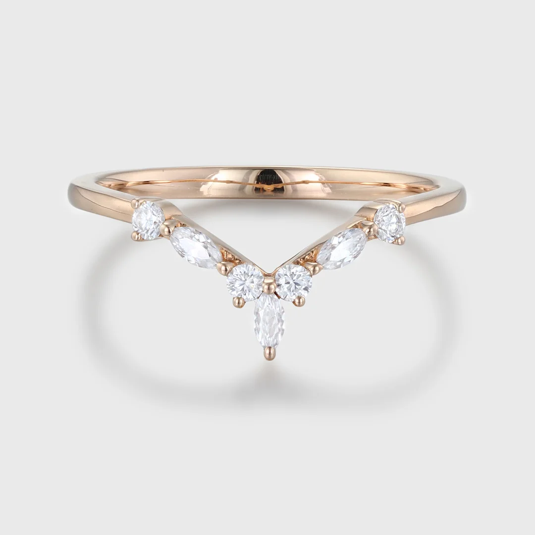 Curved wedding band rose gold marquise cut diamond Moissanite band Women Chevron Matching Stacking on sale ring Unique band Promise Anniversary band