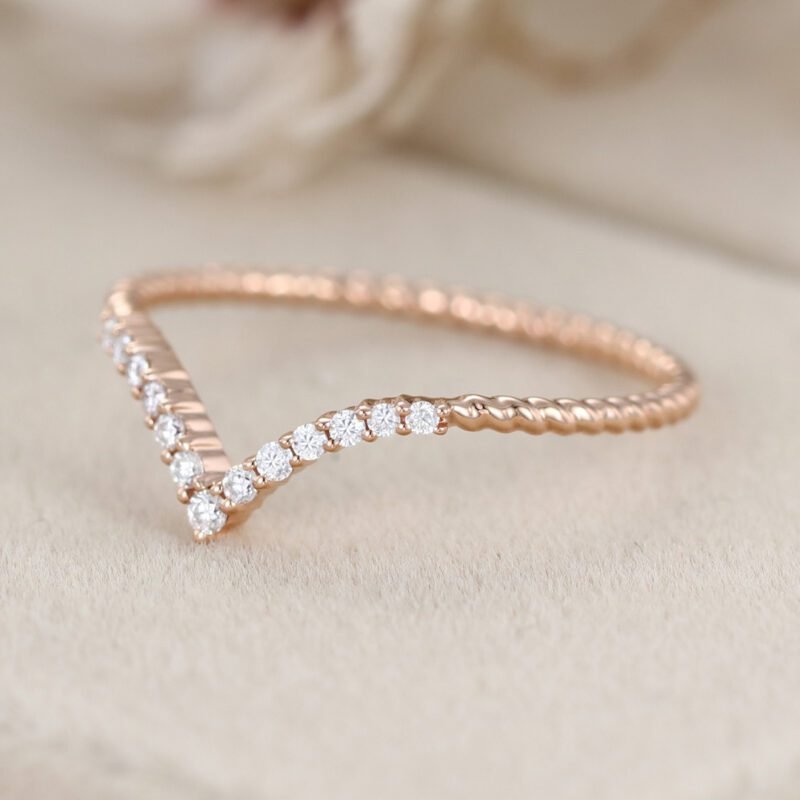 Curved wedding band 14K rose gold Unique Simple Promise Diamond Mathing band women Handmade custom wedding ring Anniversary gift for her