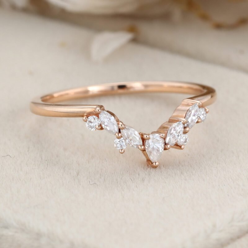 Curved wedding band Rose Unique gold Moissanite diamond wedding band Marquise cut Round cut Pear cut Bridal Promise Gift for her