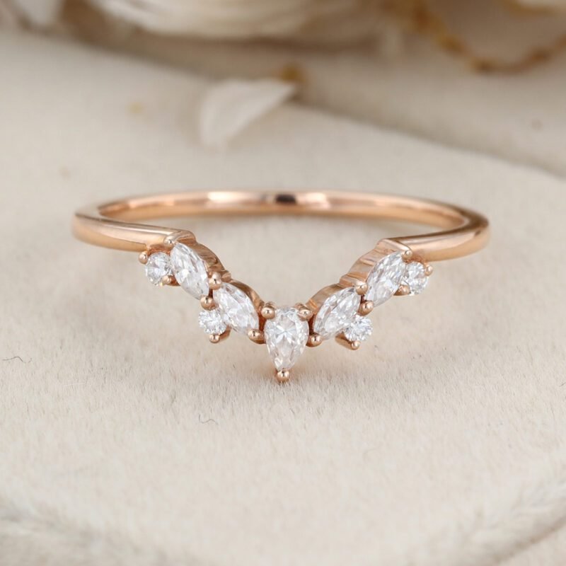 Curved wedding band Rose Unique gold Moissanite diamond wedding band Marquise cut Round cut Pear cut Bridal Promise Gift for her