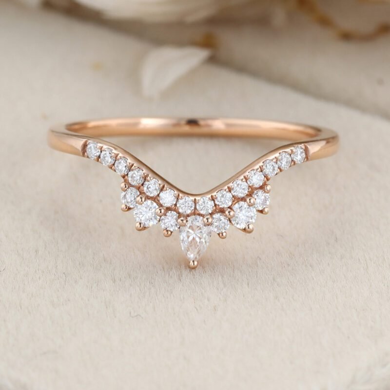 Curved wedding band women Unique wedding band Rose gold vintage Pear shaped Moissanite Diamond Stacking ring Matching bridal promise gift